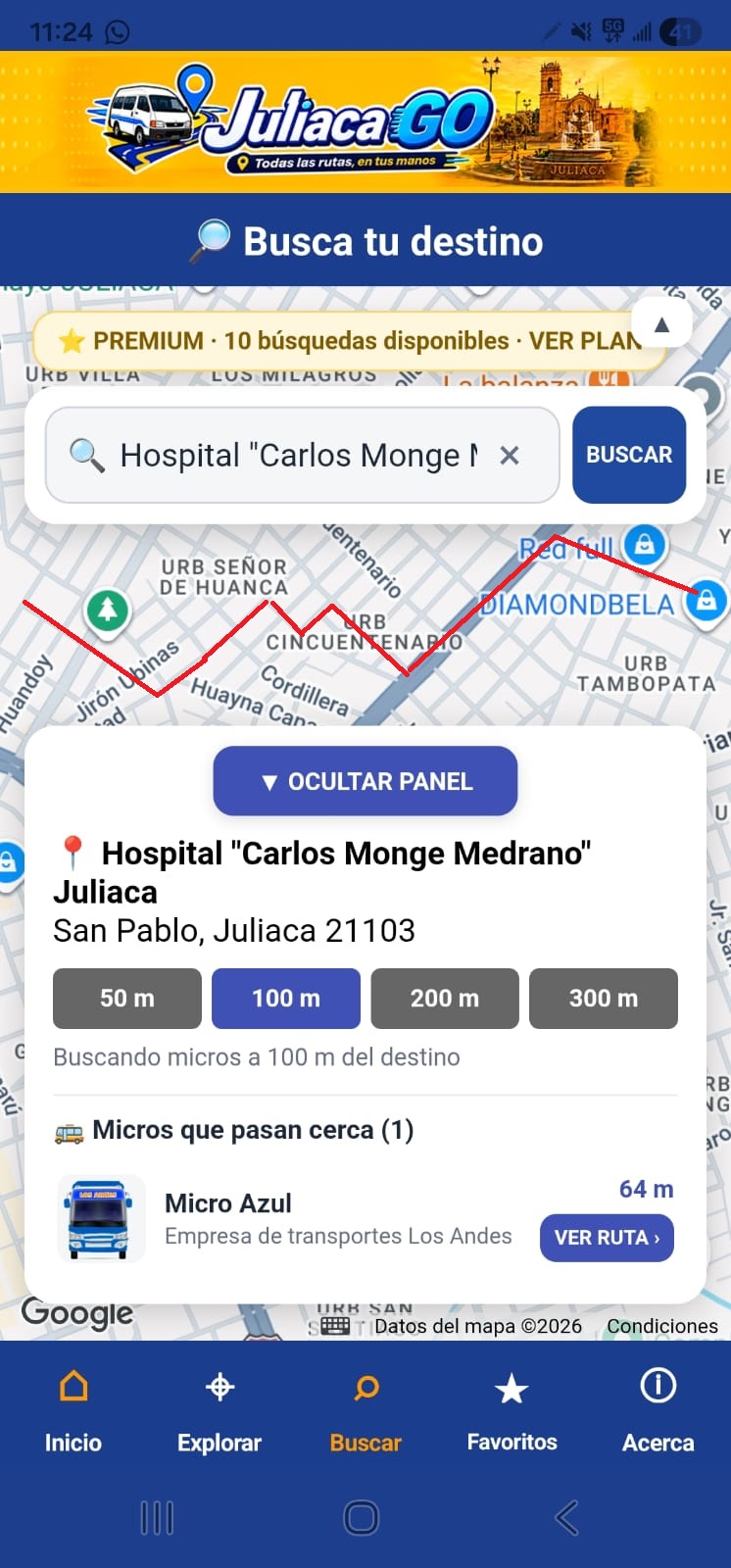 Búsqueda de destino en JuliacaGo
